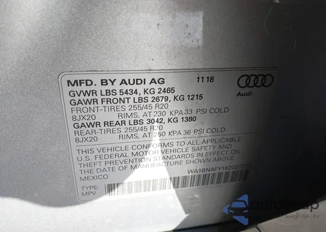 2019 Audi Q5 45 Premium from USA, damaged, VIN WA1BNAFY1K2027772